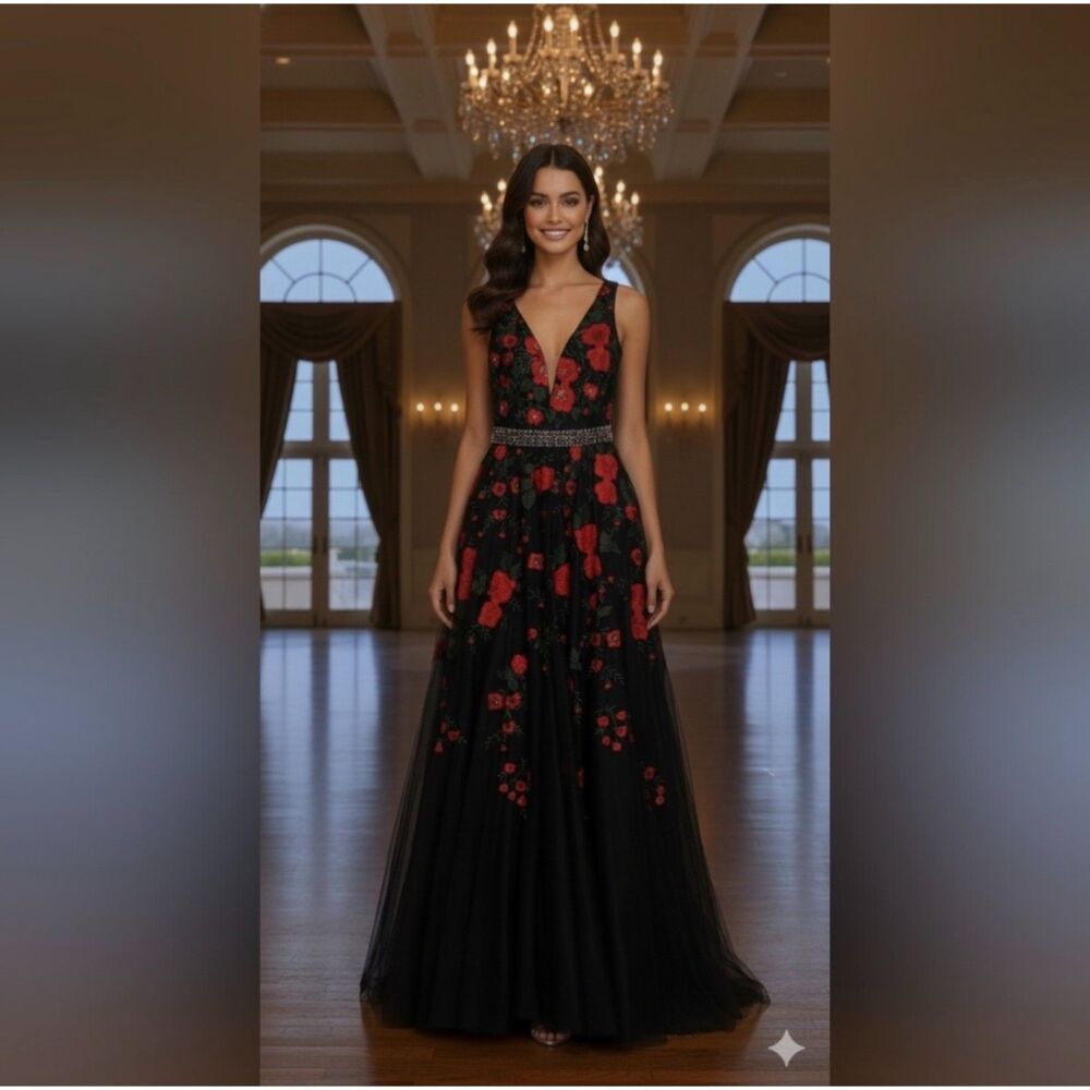 NWT Size 4 Ellie Wilde floral embroidered ball gown crystal belt v neck - Picture 7 of 9